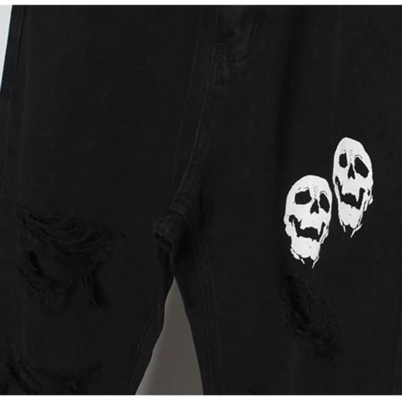 Skinny Jeans Pants Black Men Streetwear Destroyed Ripped Skull Printed Jeans Hip Hop Denim Pant Hole WB321