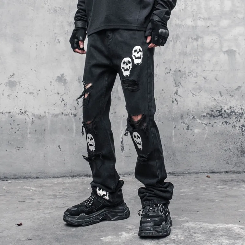 Skinny Jeans Pants Black Men Streetwear Destroyed Ripped Skull Printed Jeans Hip Hop Denim Pant Hole WB321