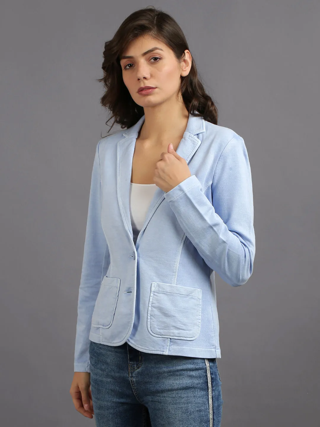 Sky Blue Full Sleeve Solid Women Jacket