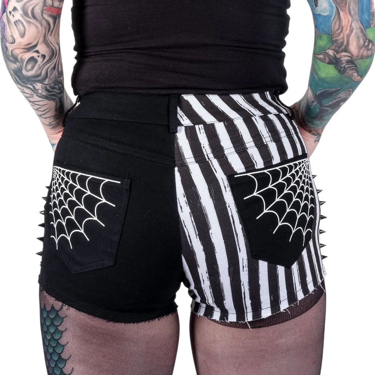 Spiderweb Striped Studded Denim Shorts