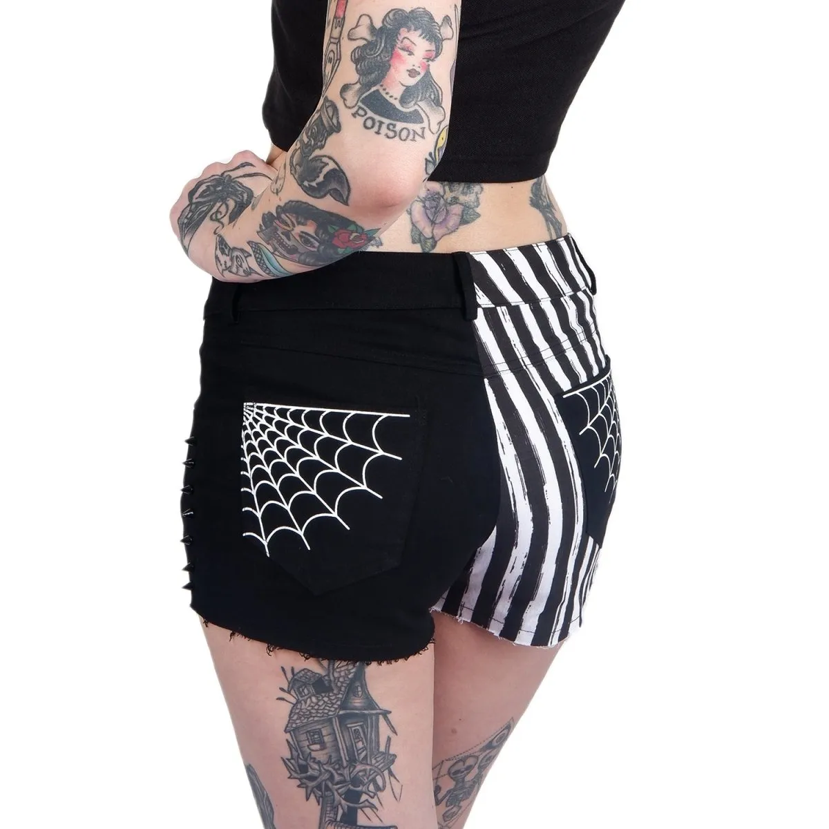 Spiderweb Striped Studded Denim Shorts