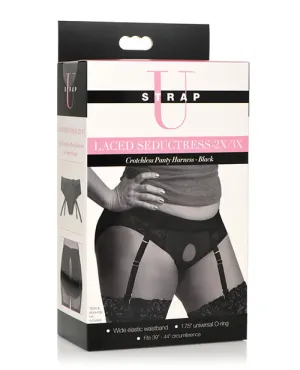 Strap U Laced Seductress Lace Crotchless Panty Harness W/garter Straps - Black