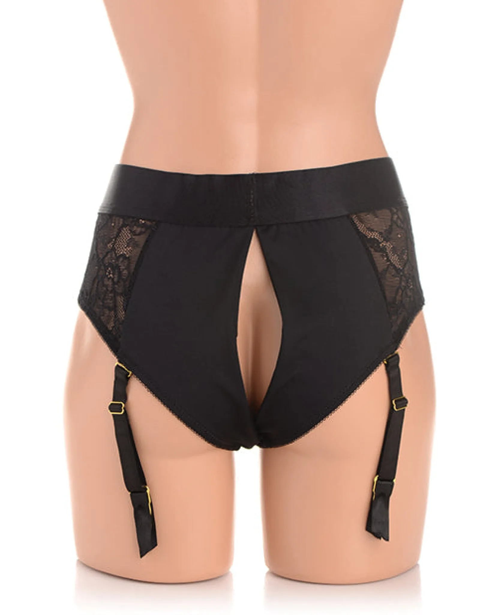 Strap U Laced Seductress Lace Crotchless Panty Harness W/garter Straps - Black