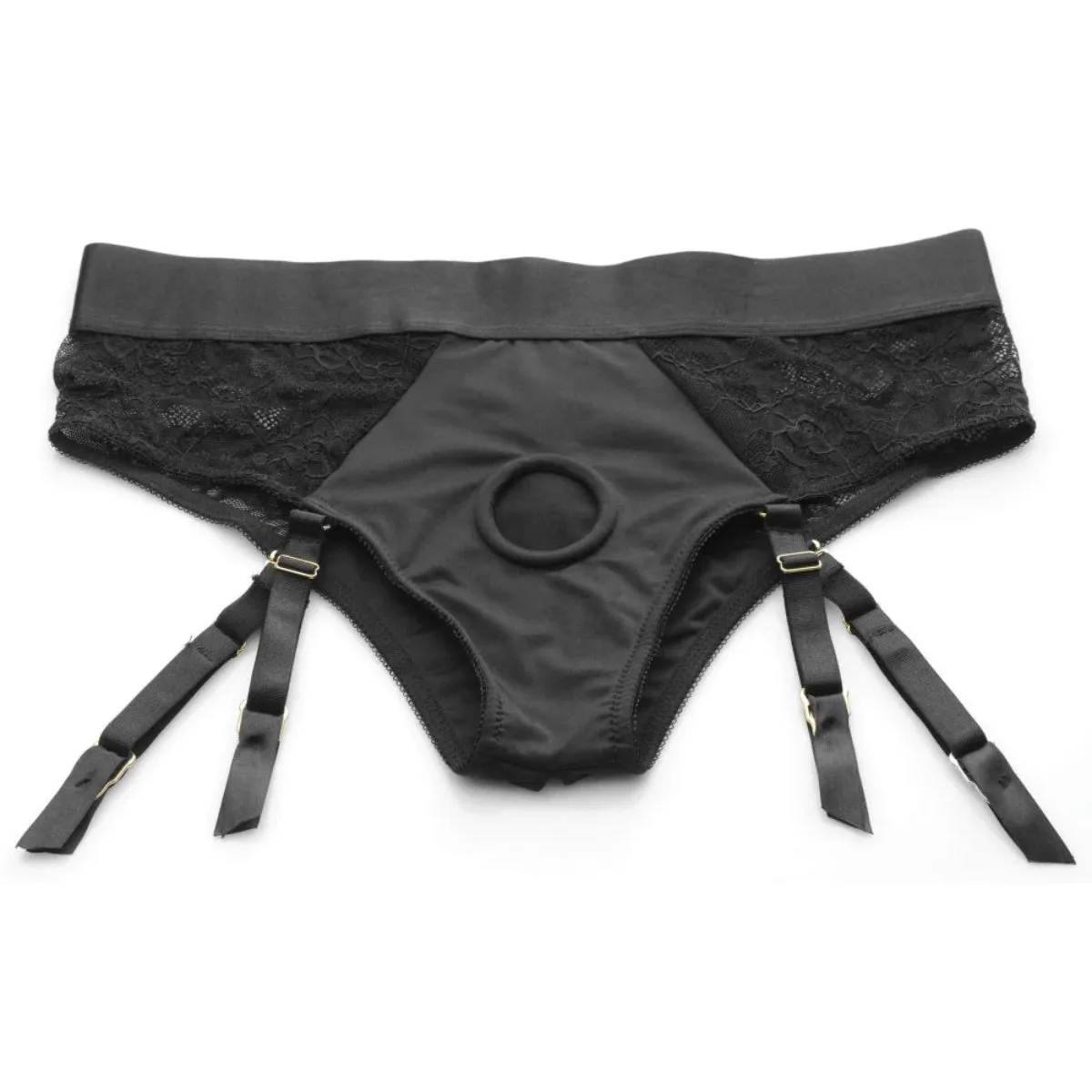 Strap U Laced Seductress Lace Crotchless Panty Harness With Garter Straps Black Small Medium