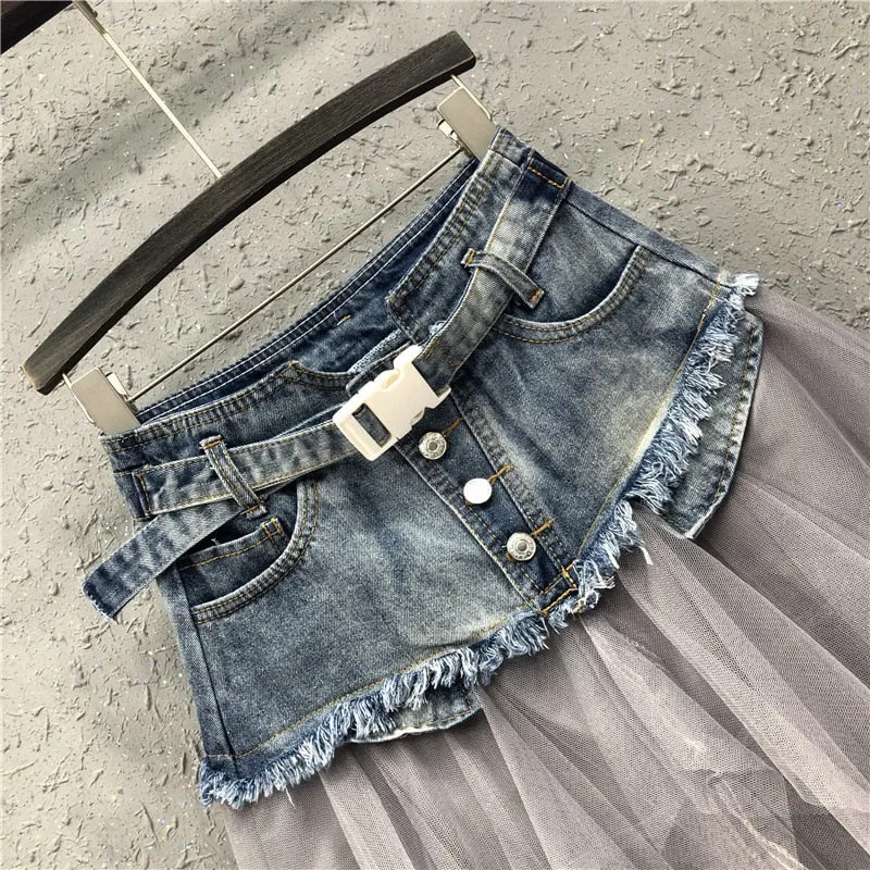 Summer Mini Tutu Tulle Skirt Gothic Punk Women High Waist Irregular Denim Skirts Club Party Mesh Patchwork Short Jeans Jurken