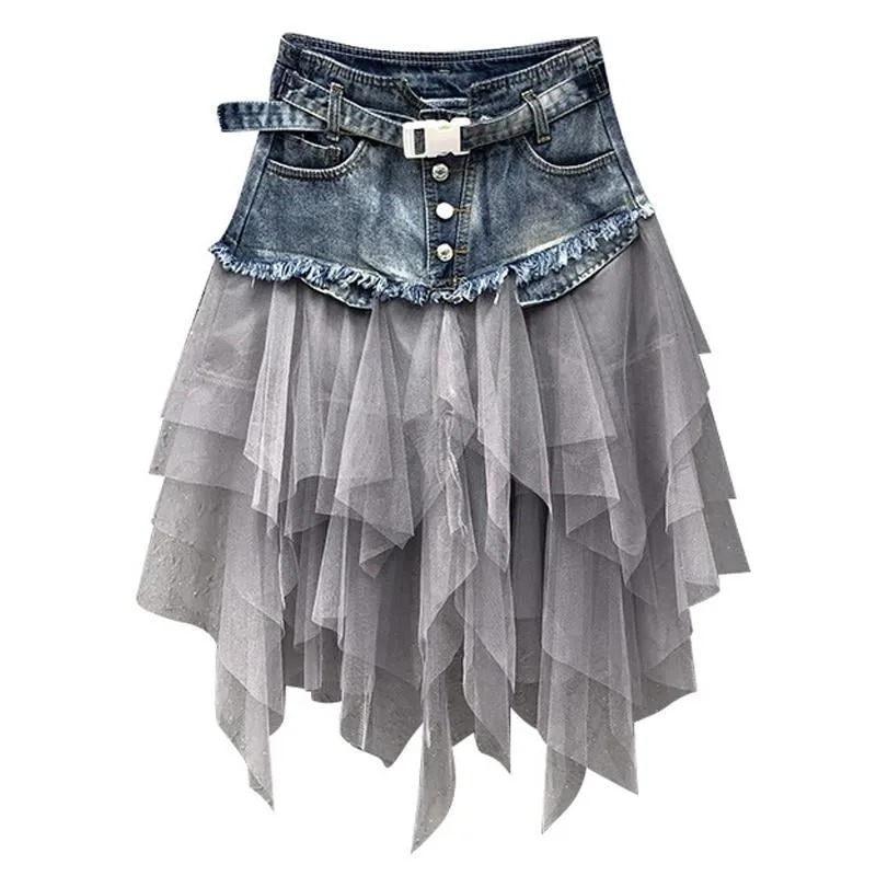 Summer Mini Tutu Tulle Skirt Gothic Punk Women High Waist Irregular Denim Skirts Club Party Mesh Patchwork Short Jeans Jurken