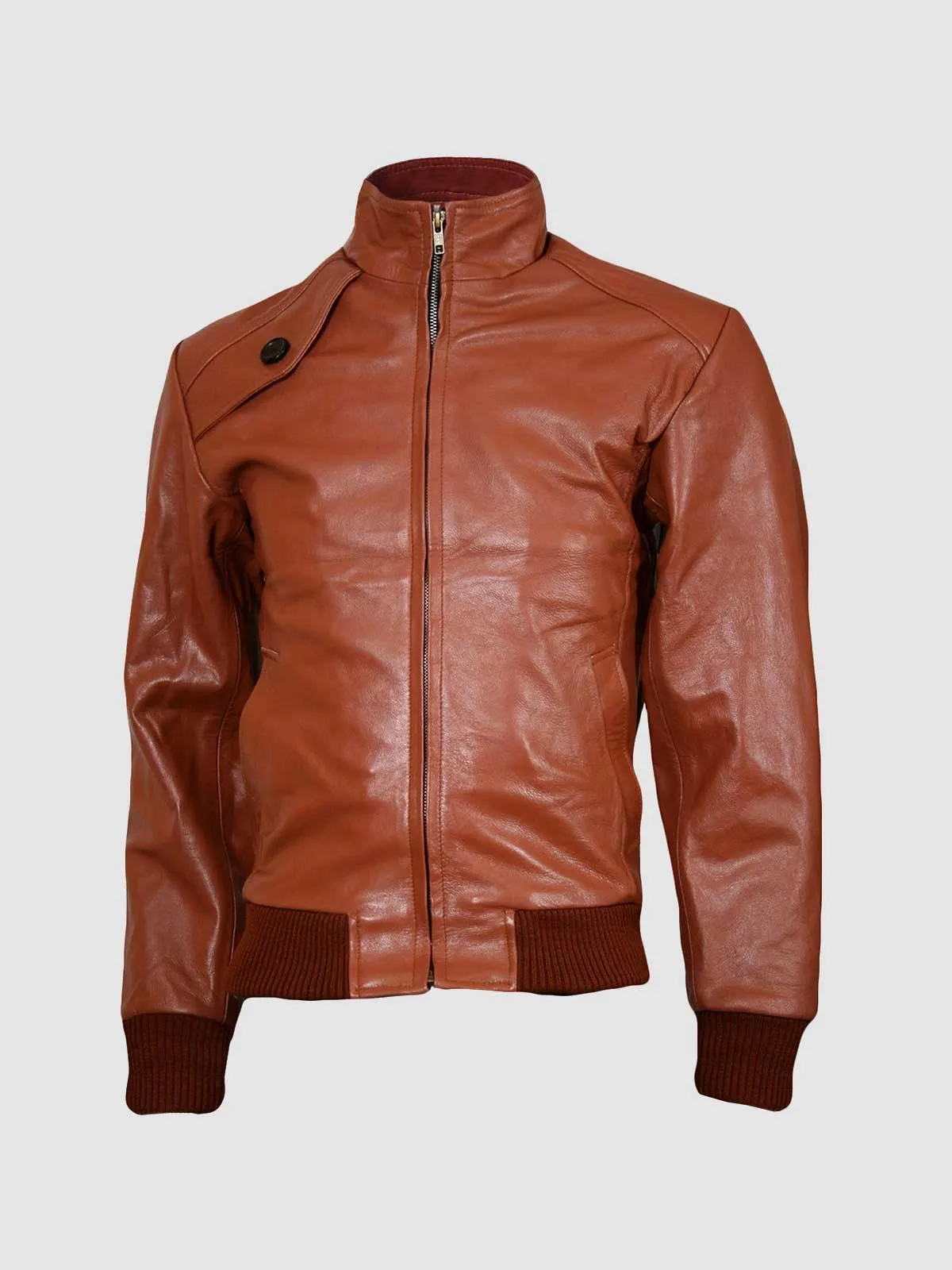 Tan Leather Bomber Jacket