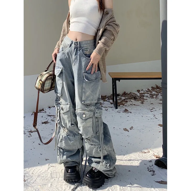 Toleet y2k outfits Heavy Industry Punk Style Multi-Pocket Wide-Leg Mopping Jeans Washed Gradient High Waist Loose Pants