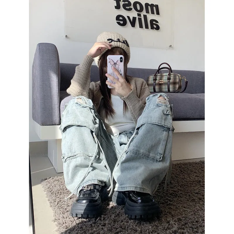 Toleet y2k outfits Heavy Industry Punk Style Multi-Pocket Wide-Leg Mopping Jeans Washed Gradient High Waist Loose Pants