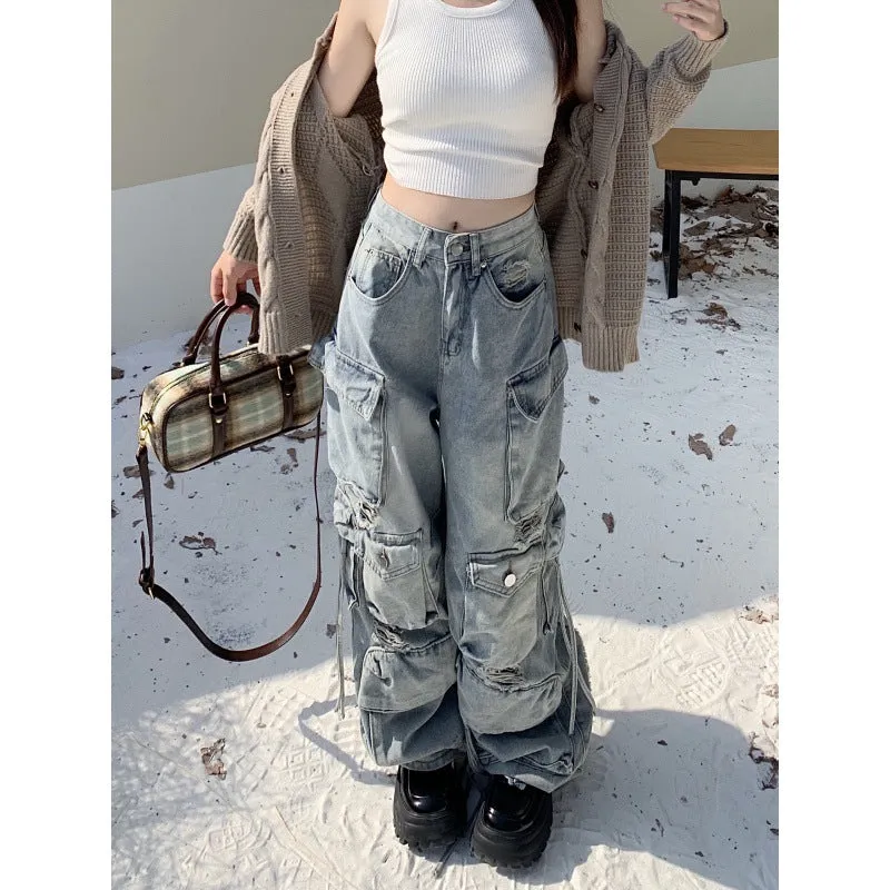 Toleet y2k outfits Heavy Industry Punk Style Multi-Pocket Wide-Leg Mopping Jeans Washed Gradient High Waist Loose Pants