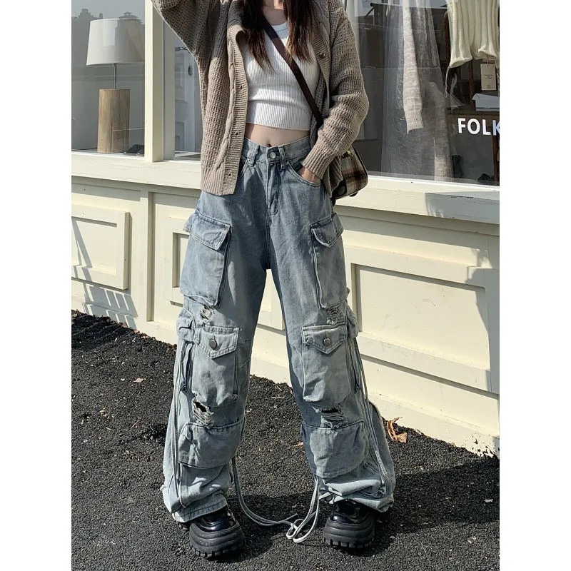 Toleet y2k outfits Heavy Industry Punk Style Multi-Pocket Wide-Leg Mopping Jeans Washed Gradient High Waist Loose Pants