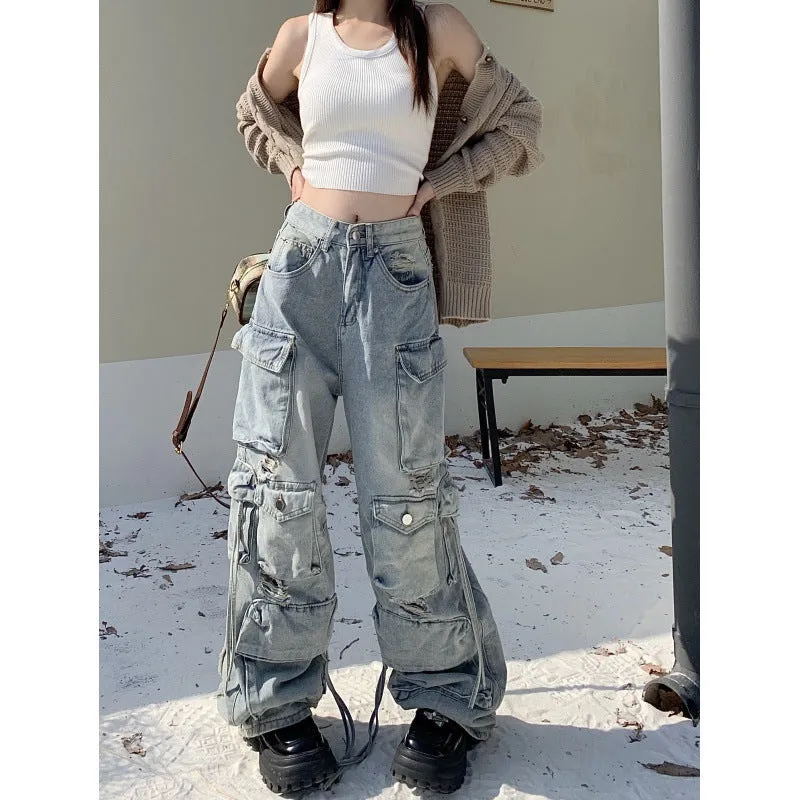 Toleet y2k outfits Heavy Industry Punk Style Multi-Pocket Wide-Leg Mopping Jeans Washed Gradient High Waist Loose Pants