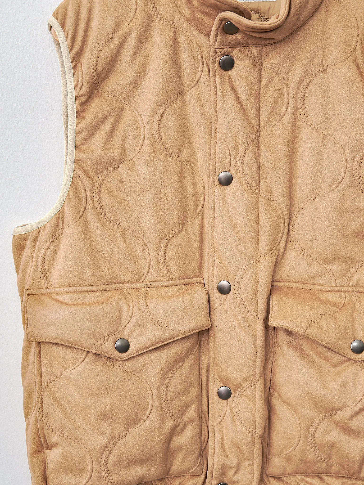 Vegan Nubuck Quilted High Neck Vest - Khaki