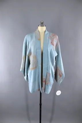 Vintage 1940s Silk Haori Kimono Cardigan Jacket / Light Blue & Copper Urushi Embroidery