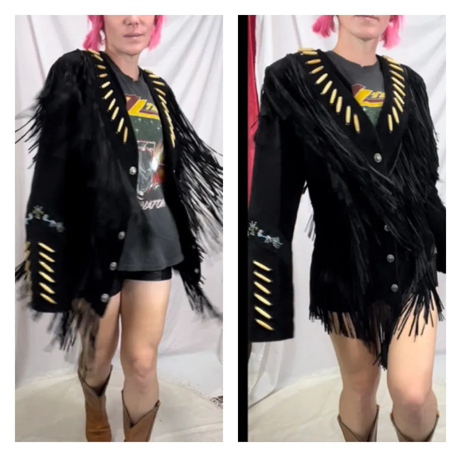 Vintage 80s 90s | Black Leather Jacket with Fringe Western by Cache | Size 10