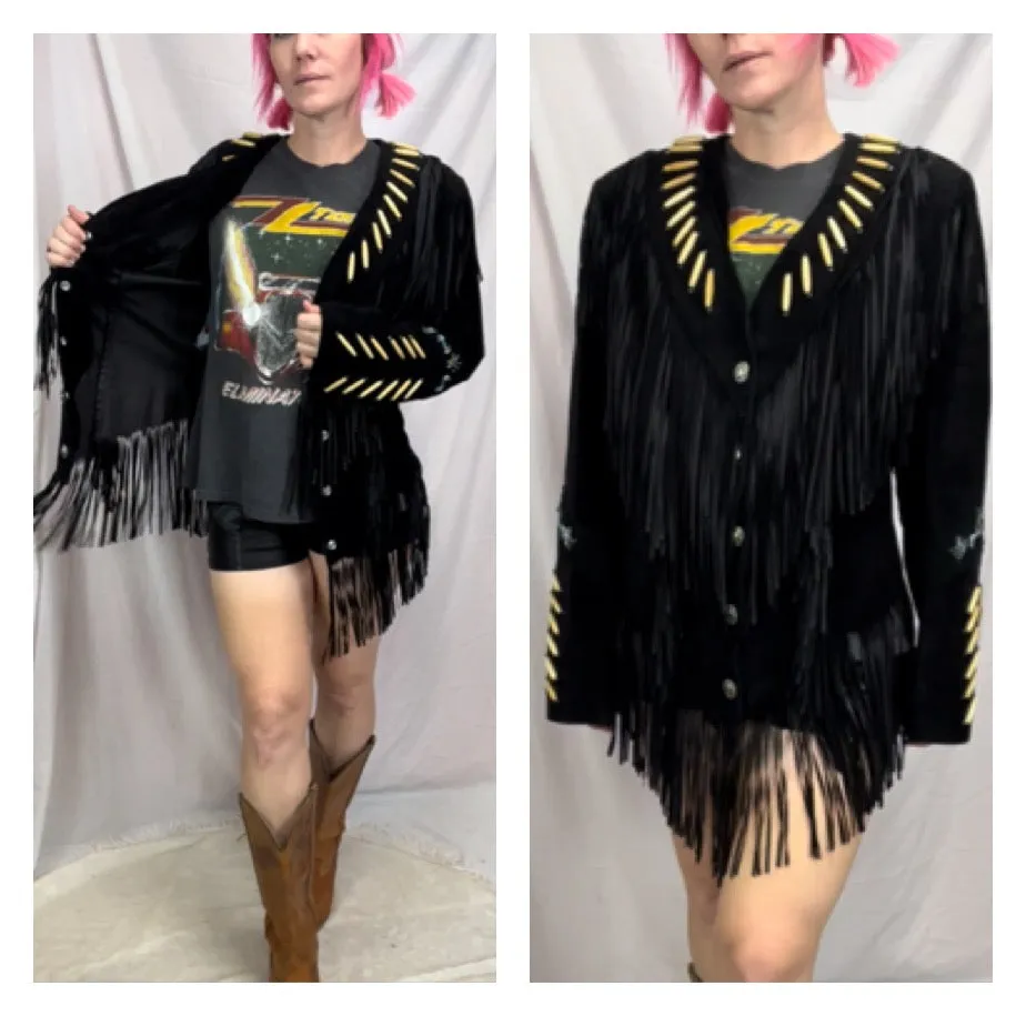 Vintage 80s 90s | Black Leather Jacket with Fringe Western by Cache | Size 10