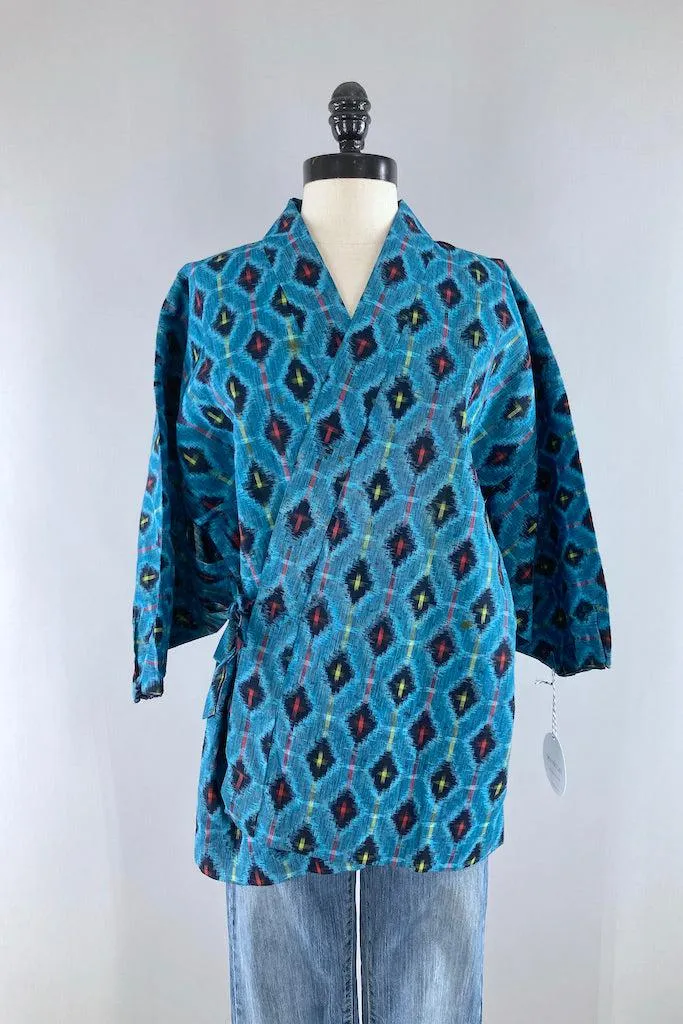 Vintage Aqua Blue Ikat Cotton Kimono Cardigan