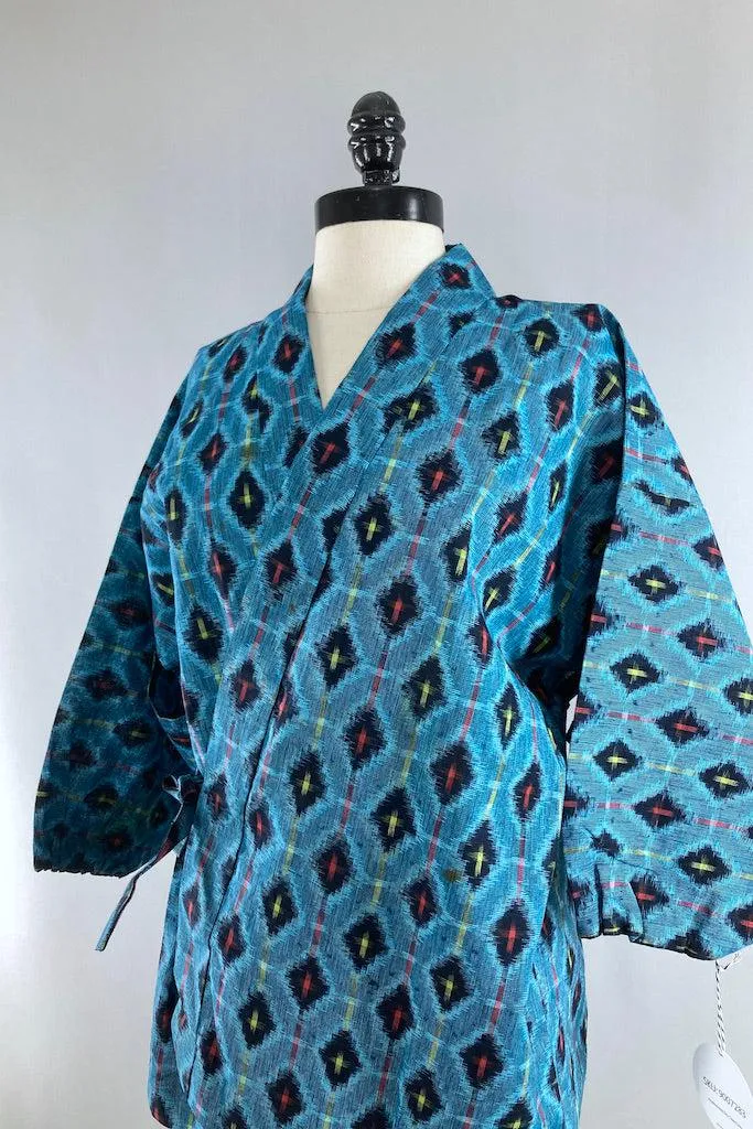 Vintage Aqua Blue Ikat Cotton Kimono Cardigan