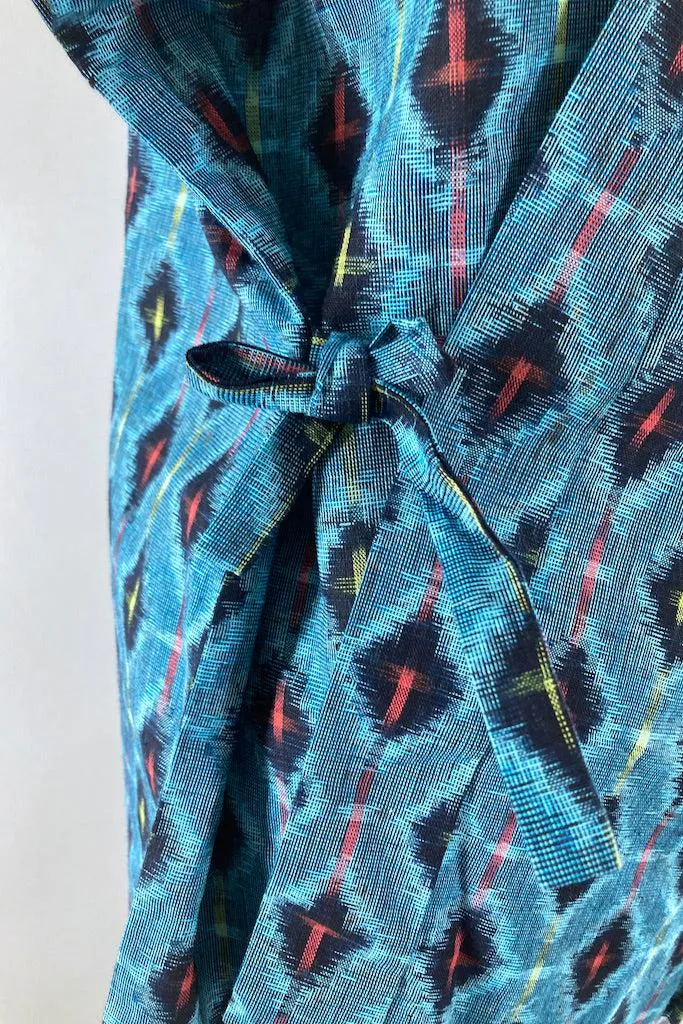 Vintage Aqua Blue Ikat Cotton Kimono Cardigan