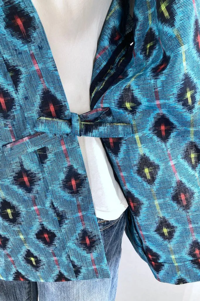 Vintage Aqua Blue Ikat Cotton Kimono Cardigan