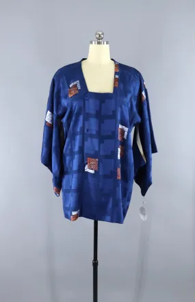 Vintage Silk Michiyuki Kimono Coat / Blue Satin Copper Batik