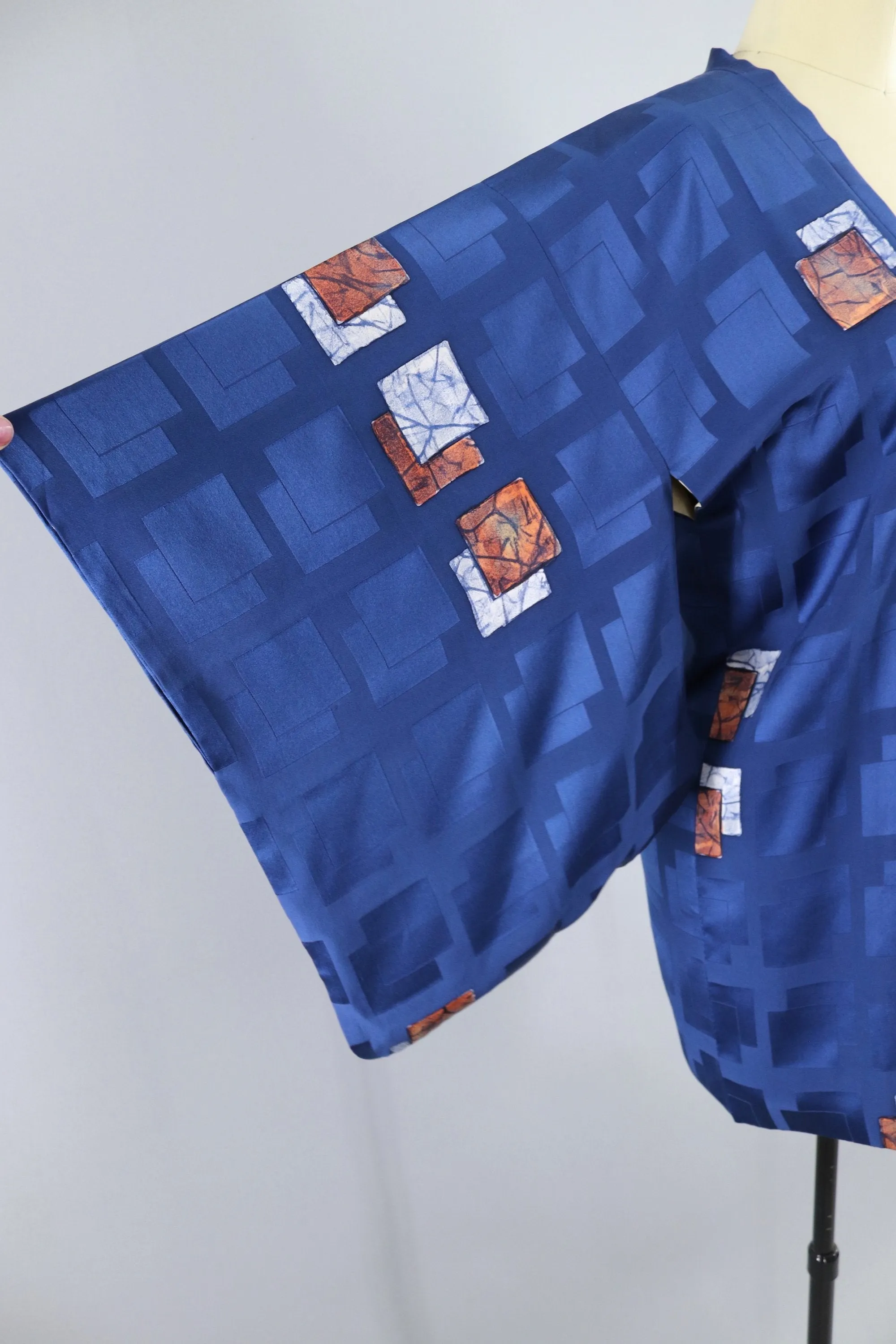 Vintage Silk Michiyuki Kimono Coat / Blue Satin Copper Batik