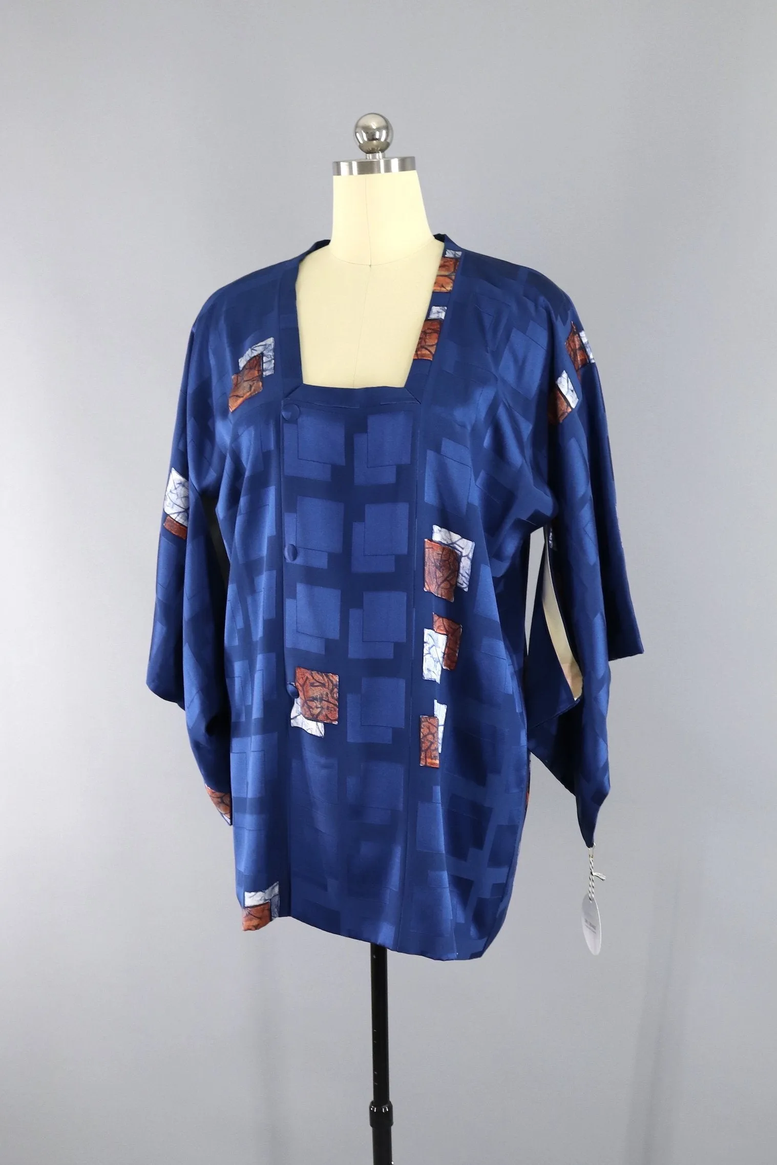 Vintage Silk Michiyuki Kimono Coat / Blue Satin Copper Batik