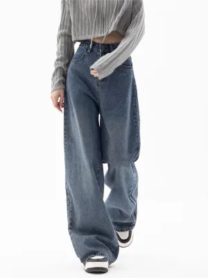 Wenkouban 2000s Blue Baggy Boyfriend Jeans