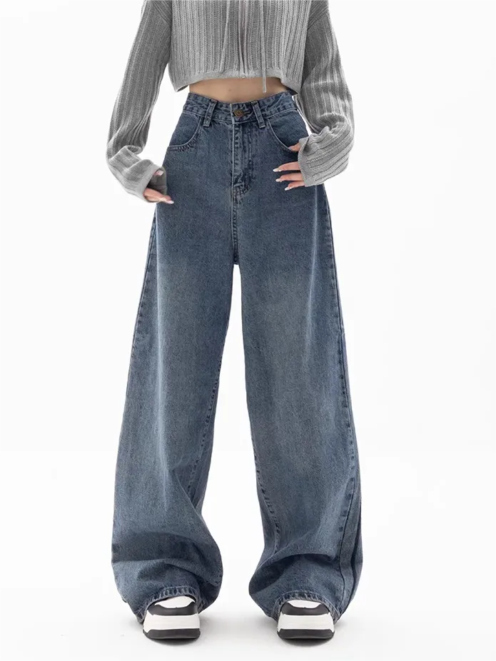 Wenkouban 2000s Blue Baggy Boyfriend Jeans