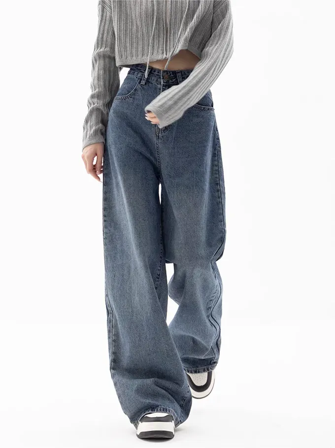 Wenkouban 2000s Blue Baggy Boyfriend Jeans