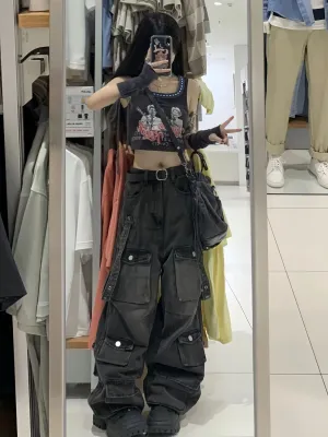 Wenkouban 90s streetwear Vintage Cargo Jeans Women High Street Oversized Punk Grunge Y2k Black Jeans with Pockets Hippie Gothic Baggy Denim Pants