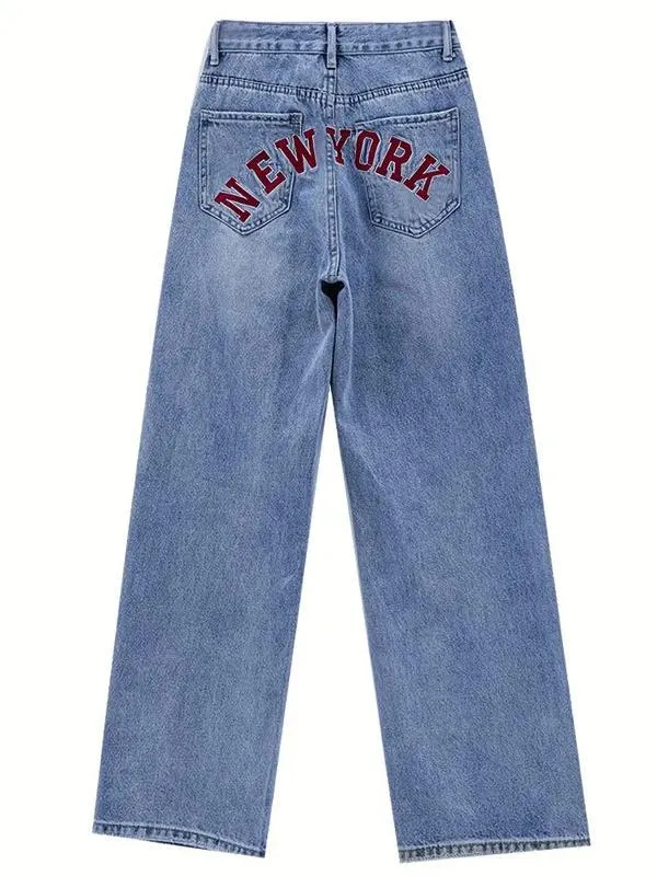 Wenkouban Baggy boyfriend jeans with an embroidered motif on the back