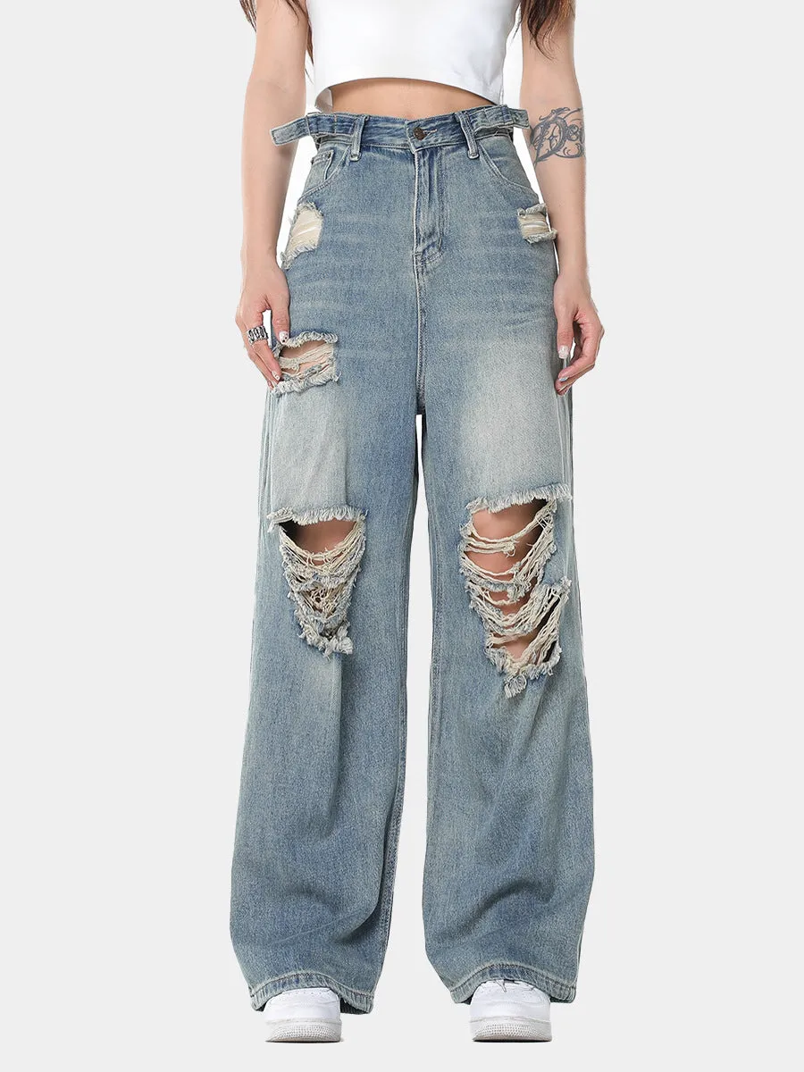 Wenkouban Blue Vintage Wide Leg Ripped Jeans