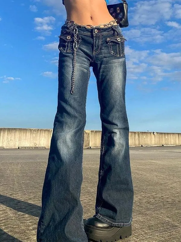 Wenkouban Faded vintage cargo jeans flared pants with pockets