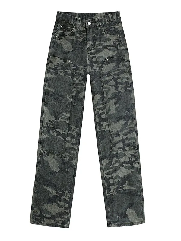 Wenkouban Green camouflage cargo jeans with a wash effect