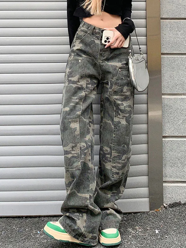 Wenkouban Green camouflage cargo jeans with a wash effect