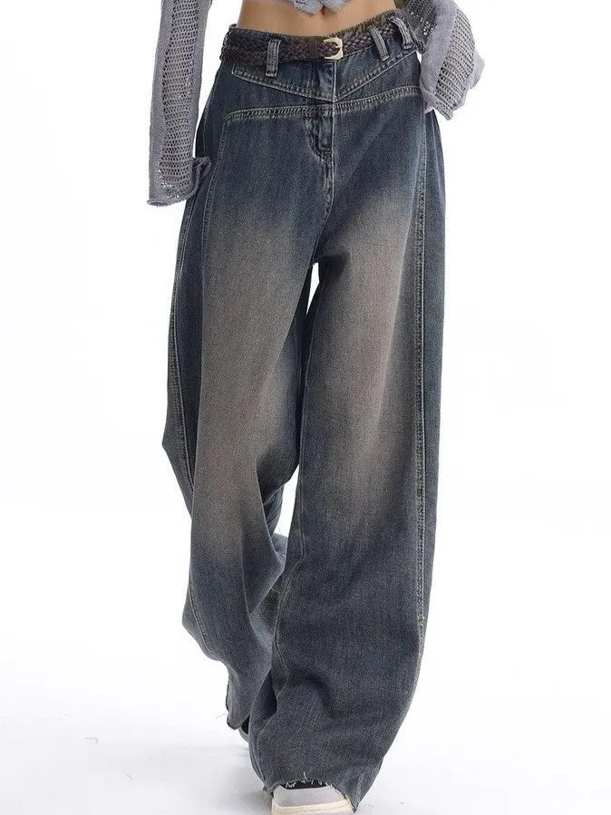 Wenkouban Vintage faded baggy boyfriend jeans with grosgrain detail