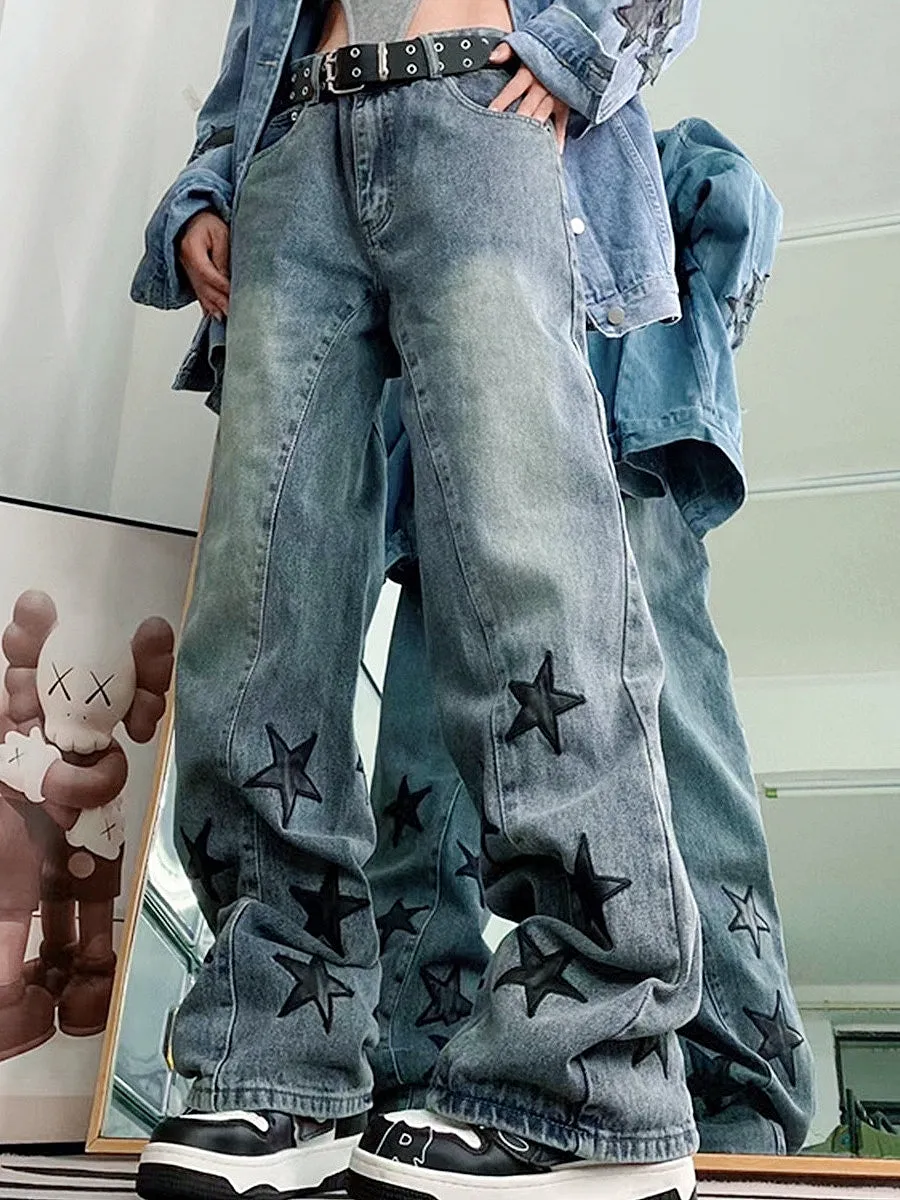 Wenkouban Washed Blue Vintage Boyfriend Jeans with Star Design