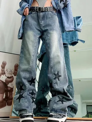 Wenkouban Washed Blue Vintage Boyfriend Jeans with Star Design