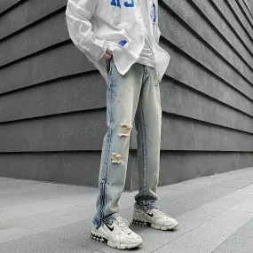 Wiaofellas High Street Hole Ripped Washed Vintage Men Hip Hop Jeans Trousers Kanye West Ankle Zipper Punk Distressed Male Denim Pants