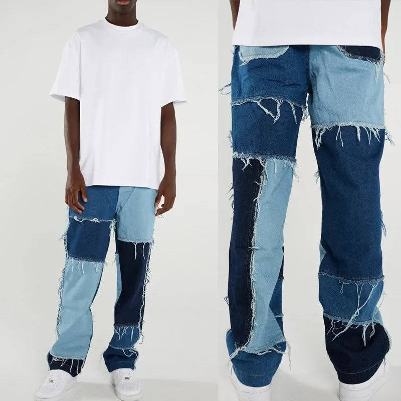 Wiaofellas Men Wash Patch Design Jeans Hip Hop Harajuku Punk Style Splicing Straight Pants Denim Jeans Loose Street Cotton Tassel Trousers