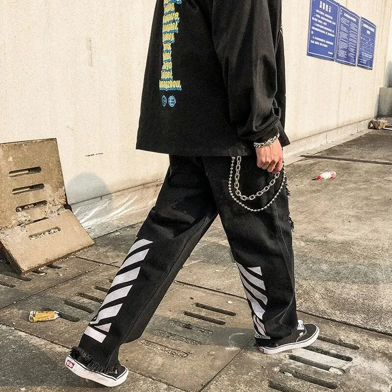 Wiaofellas New Arrivals Reflective Strip Hole Ripped Men Baggy Jeans Trousers Hip Hop Straight Punk Black Denim Pants Pantaloni Uomo