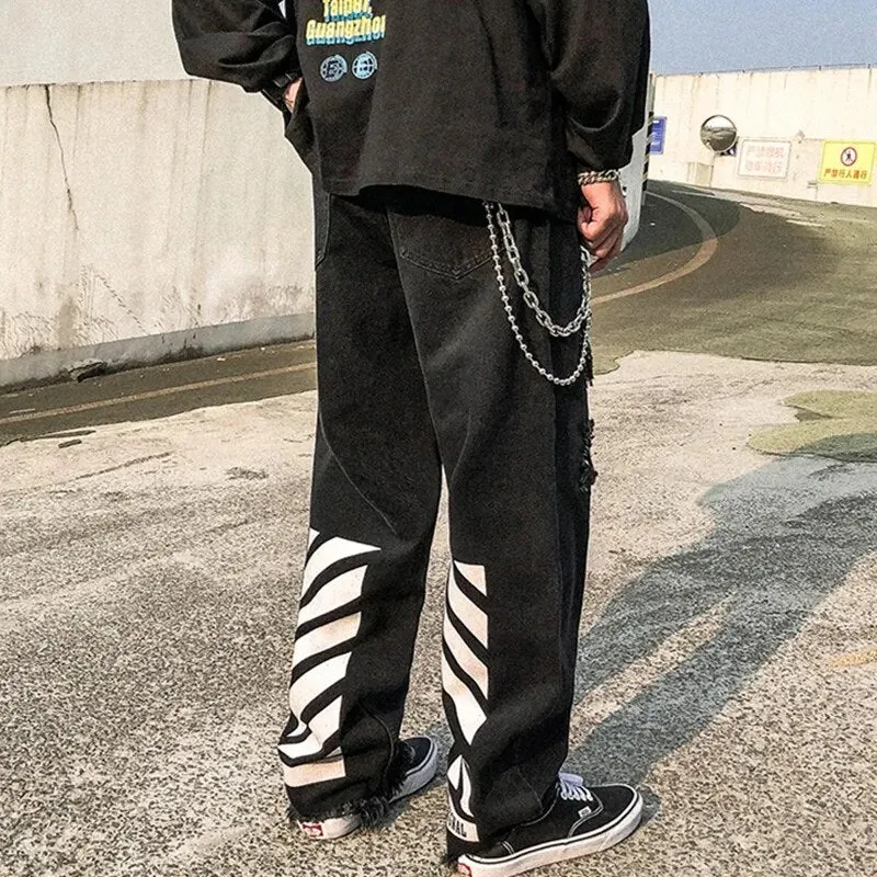 Wiaofellas New Arrivals Reflective Strip Hole Ripped Men Baggy Jeans Trousers Hip Hop Straight Punk Black Denim Pants Pantaloni Uomo