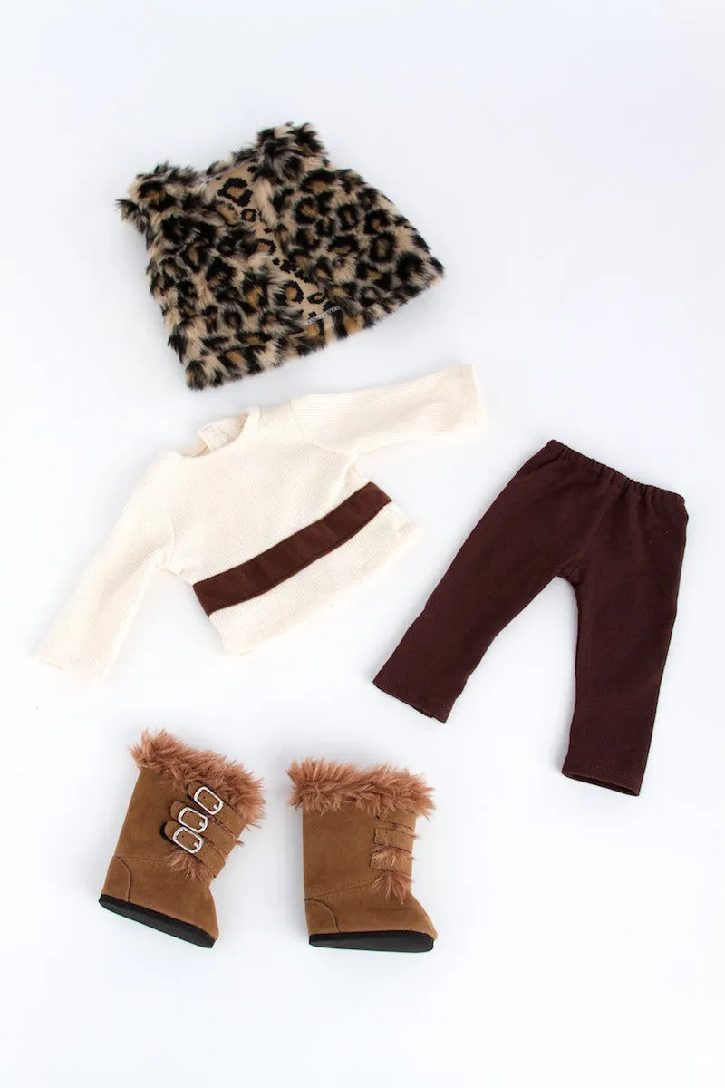 Wild Cat - Clothes for 18 inch Doll - Faux Fur Vest and Boots, Chocolate Pants and Ivory Blouse