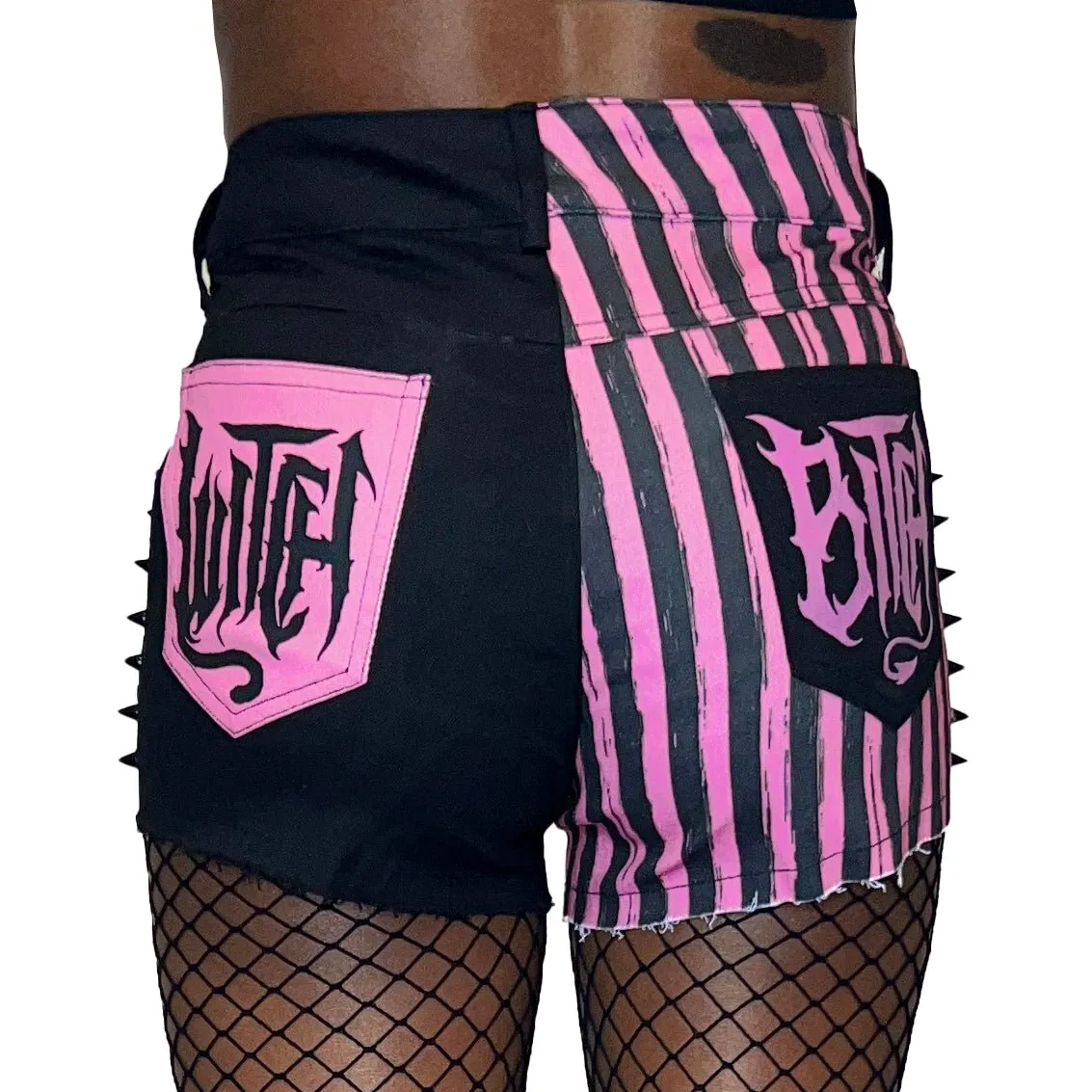 Witch Bitch Striped Studded Denim Shorts