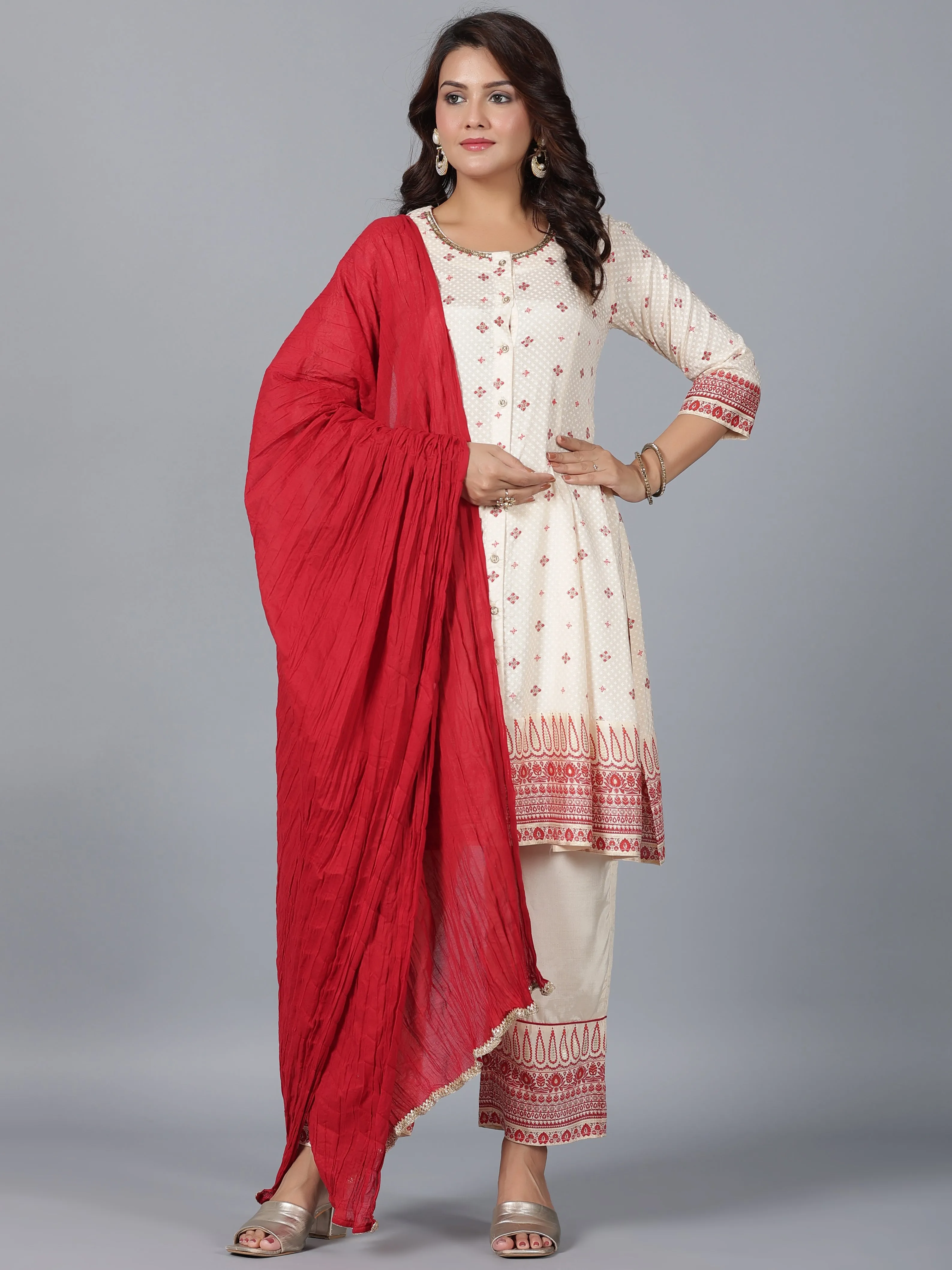 Women Beige Viscose Shantoon Printed Kurta, Pants & Dupatta Set