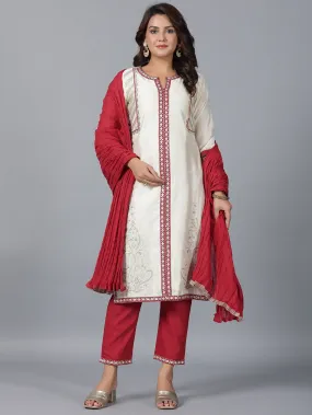 Women Ivory Chanderi Embroidered Kurta, Pants & Dupatta Set