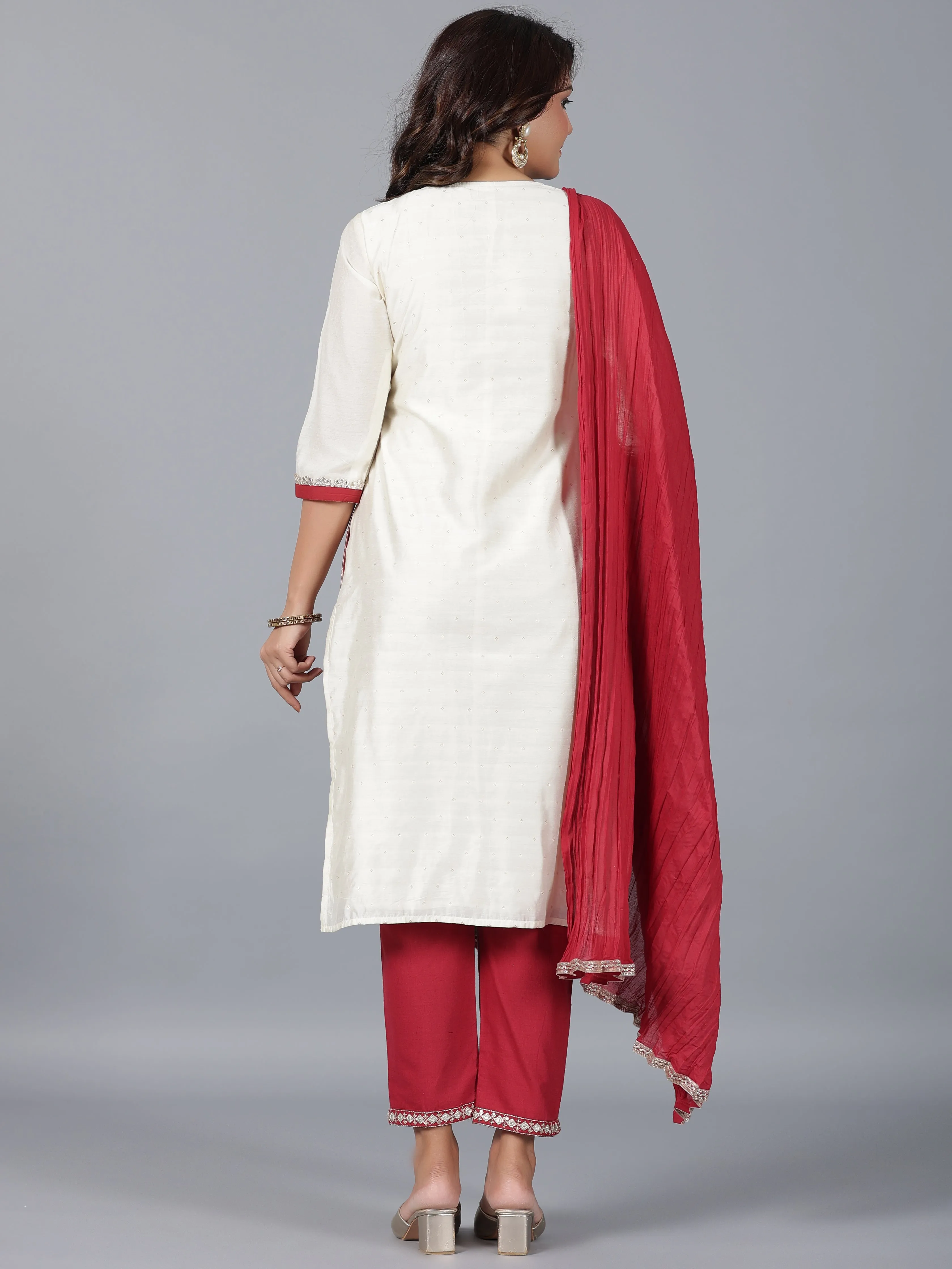 Women Ivory Chanderi Embroidered Kurta, Pants & Dupatta Set