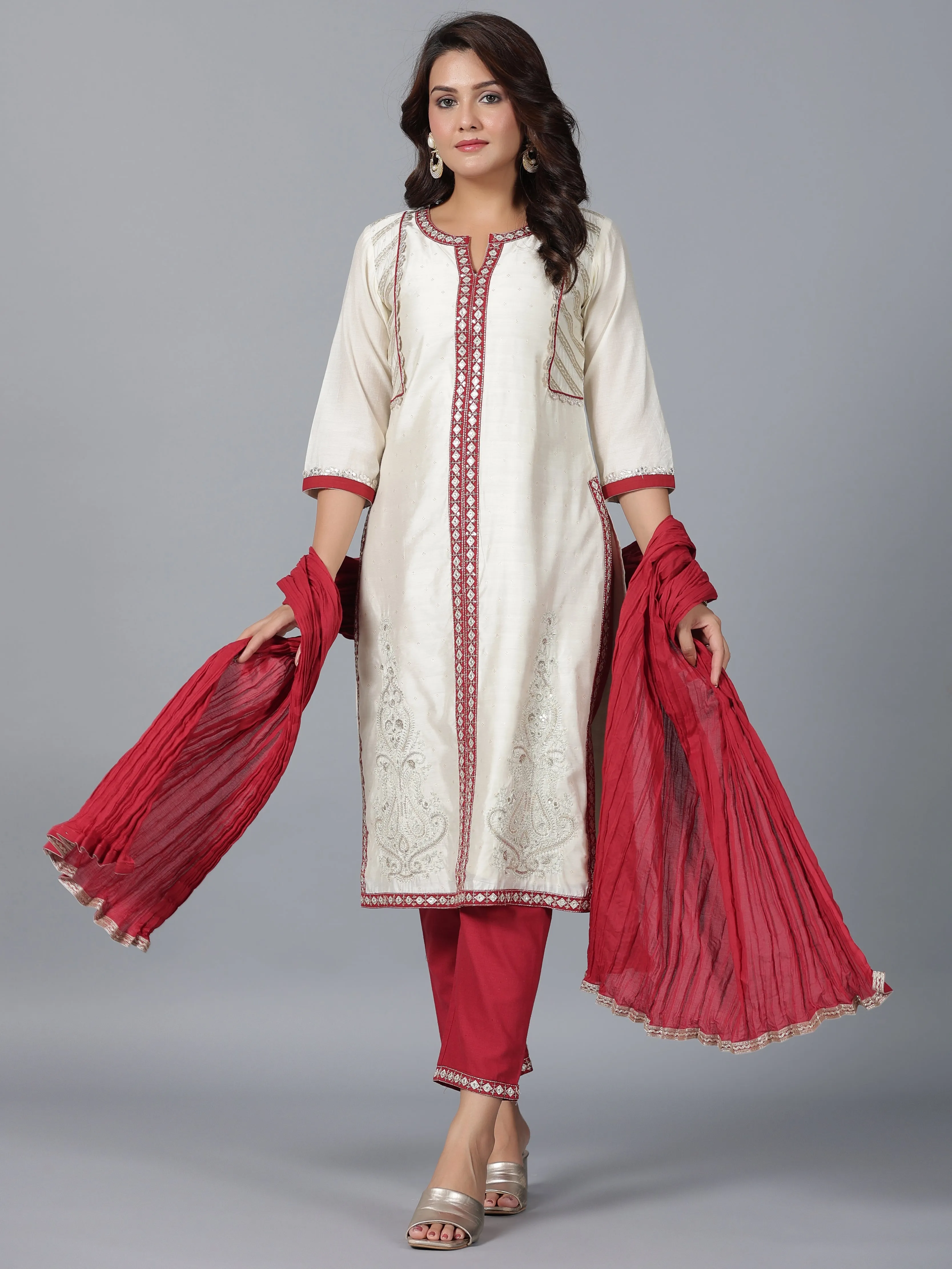 Women Ivory Chanderi Embroidered Kurta, Pants & Dupatta Set