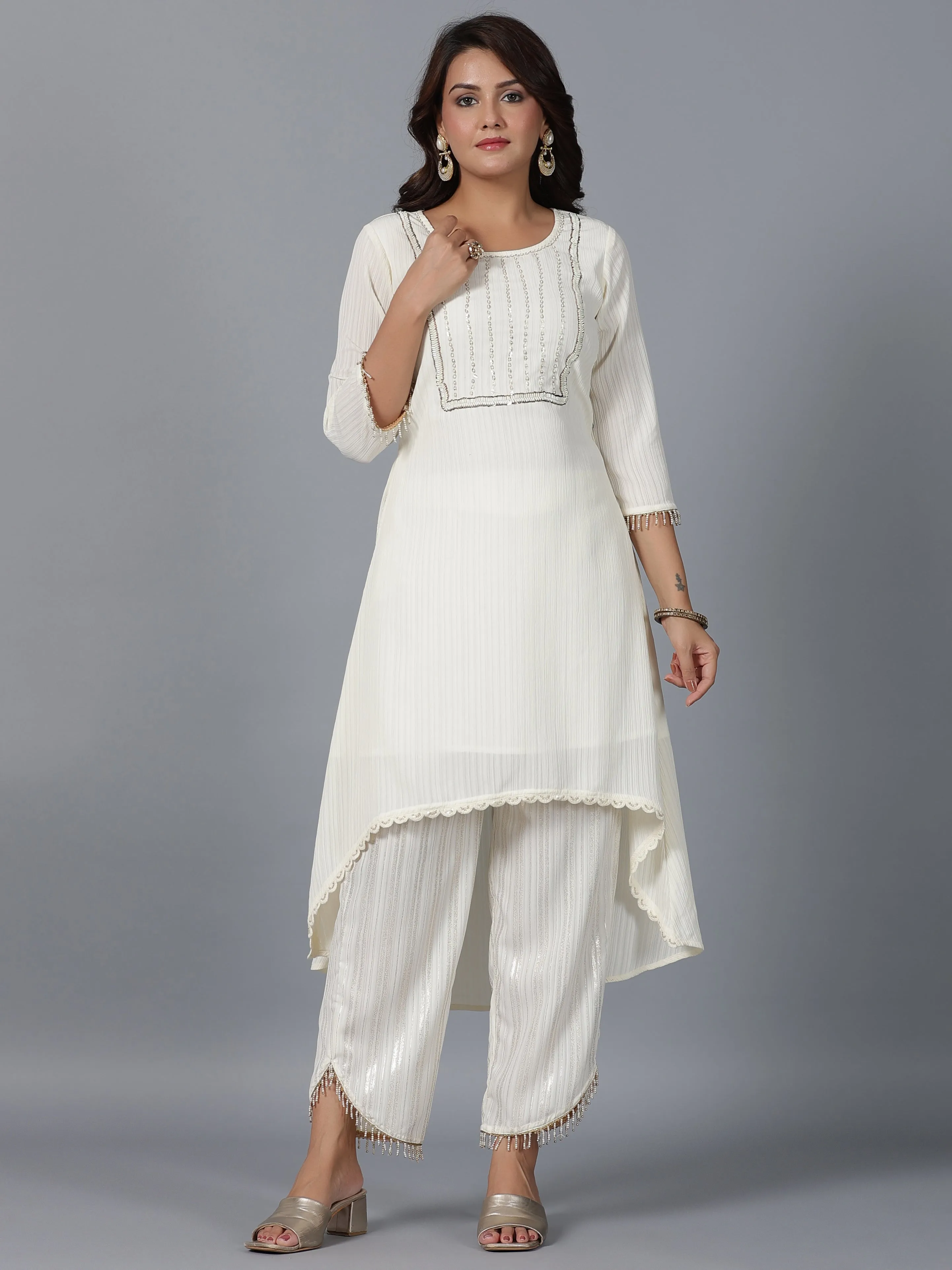 Women Ivory Magnus Embellished High-Low Kurta And Pants Set